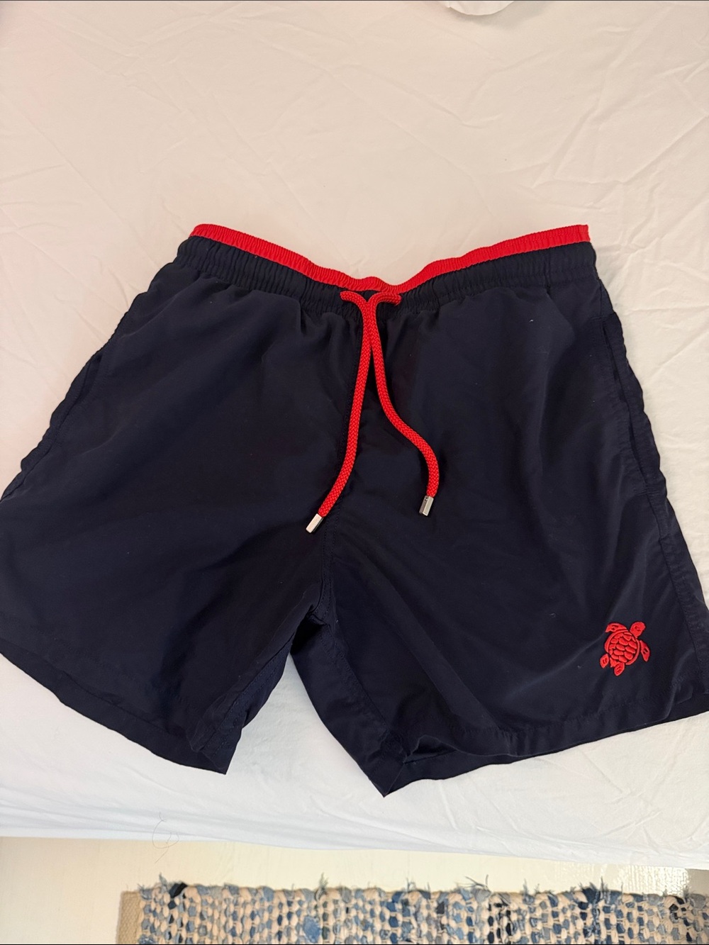Men's Vilebrequin Navy Swim Shorts with Red Trim and Turtle Embroidery. Size Med